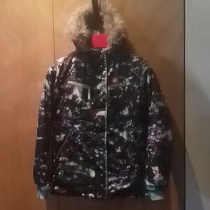 Girl's ski coat in galaxy print (turquoise/black/silver) L 14, from zeroxposur